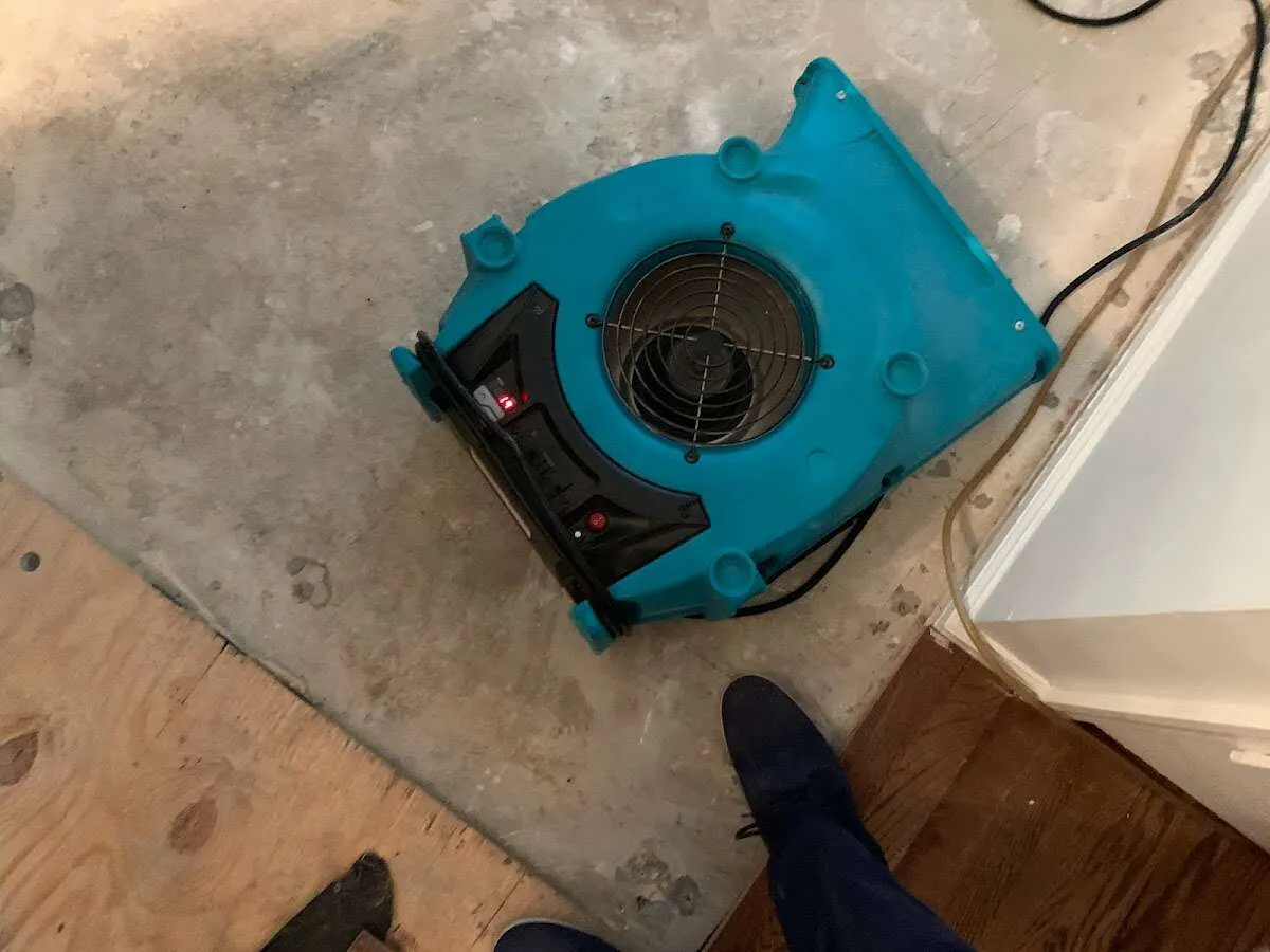 Air mover drying subfloor during Leak Detection & Repair in Paloma Creek South